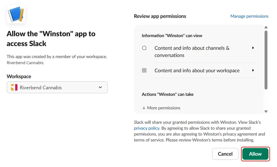 Slack's permission screen asking to allow the Winston app to access the workspace