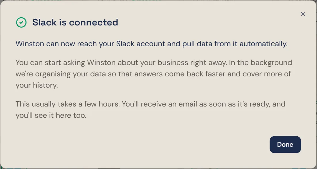 Winston's confirmation dialog: Slack is connected