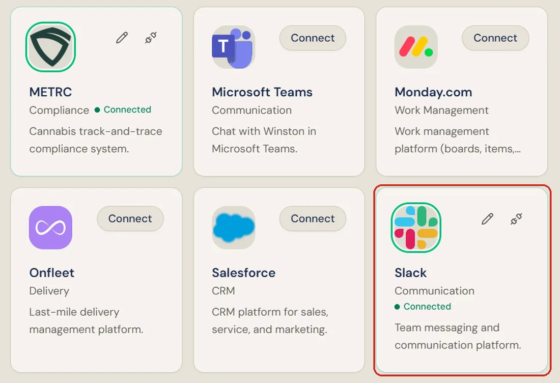 The Connections screen with the Slack card showing Connected