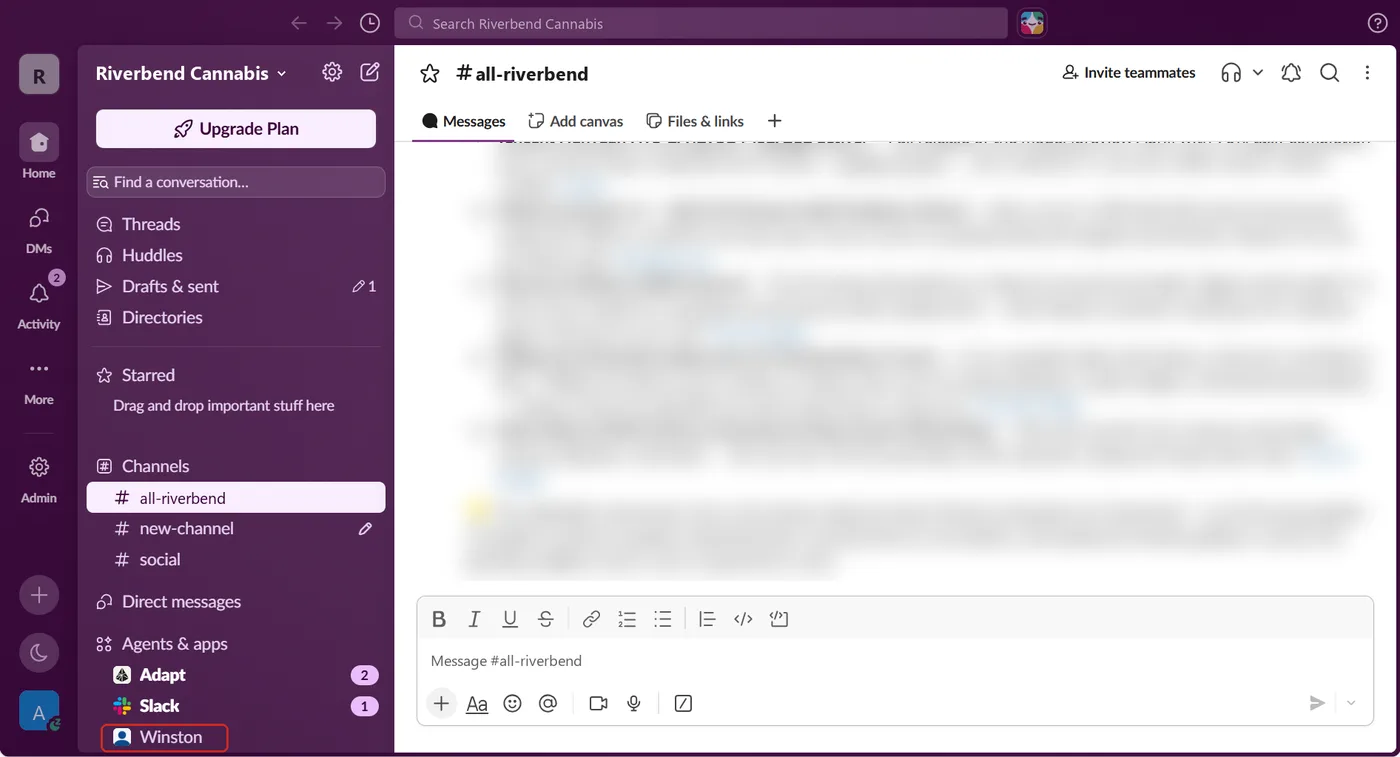 The Slack sidebar with Winston listed under Agents and apps