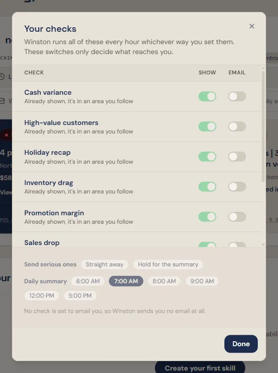 The Your checks panel: a header saying Winston runs all of these whichever way you set them and the switches only decide what reaches you, then one row per check with a Show switch and an Email switch, and below them Send serious ones, the Daily summary hour and a line stating that no check is set to email you