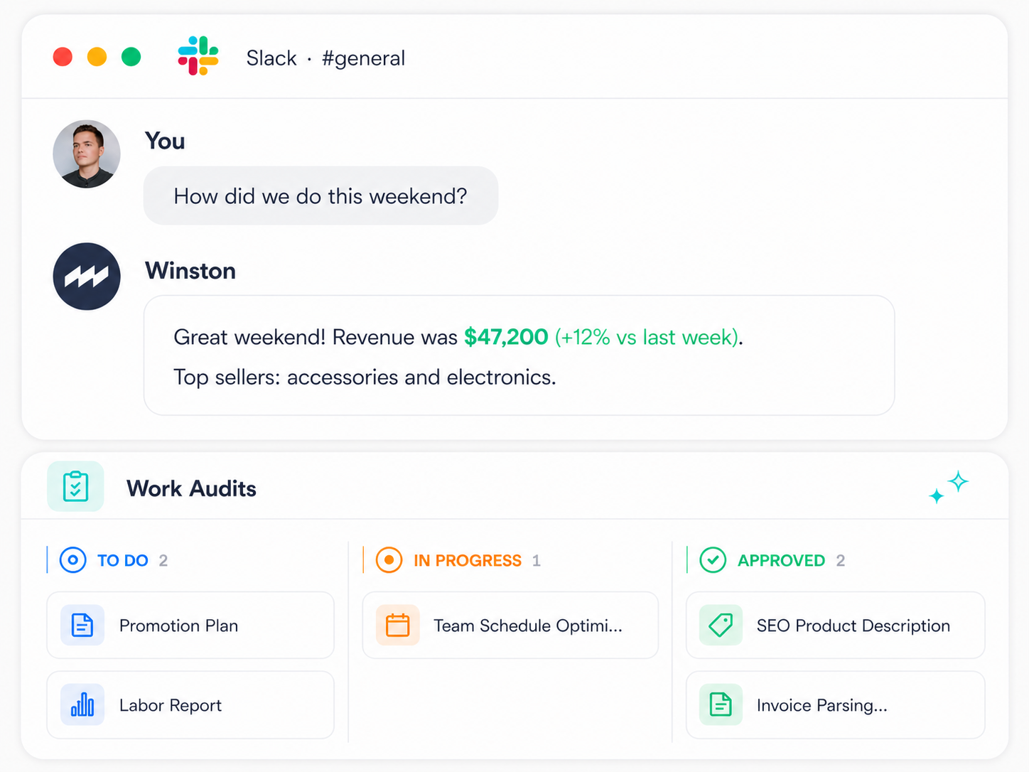 Slack chat with Winston and Work Audits kanban board