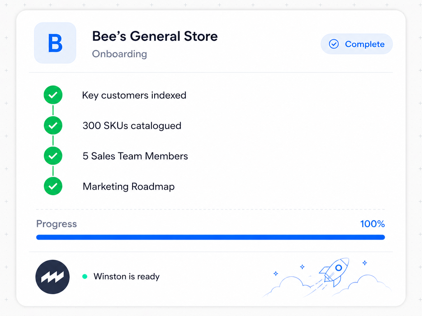 Bee's General Store onboarding checklist with 100% progress
